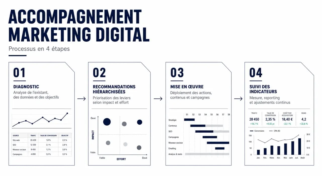Accompagnement marketing digital en 4 étapes pour piloter une stratégie