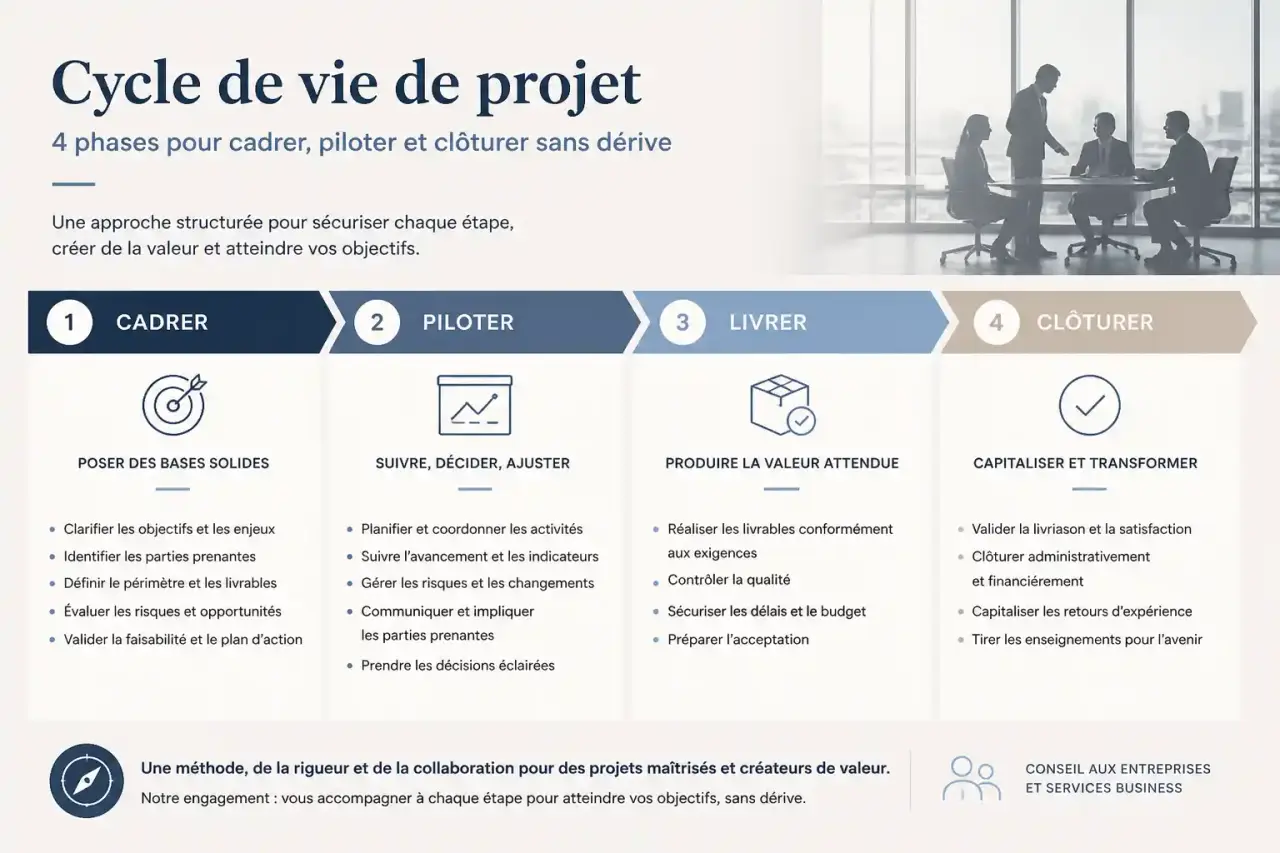 Cycle de vie de projet : 4 phases pour cadrer, piloter et clôturer sans dérive