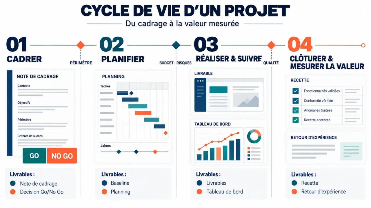 Infographie du cycle de vie de projet avec phases, livrables et décisions Go No Go