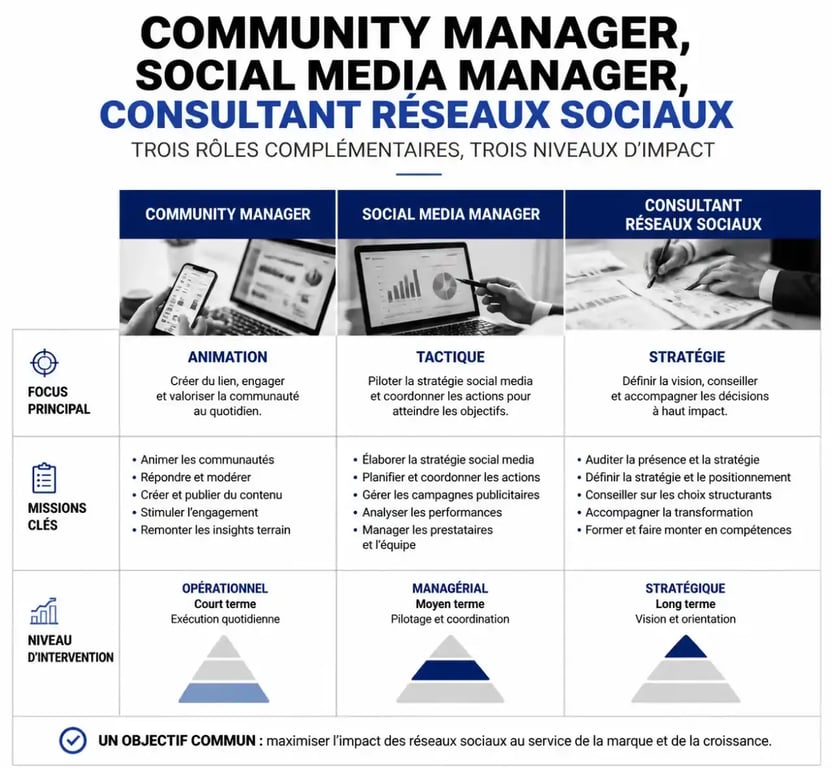 Infographie comparative des rôles de consultant réseaux sociaux, social media manager et community manager