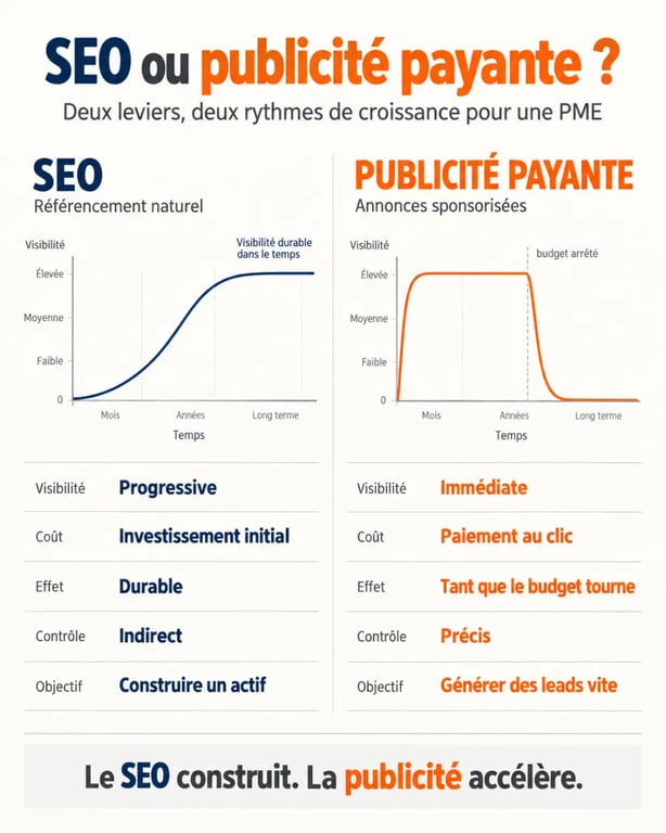 Infographie SEO pour PME comparant le référencement naturel et Google Ads