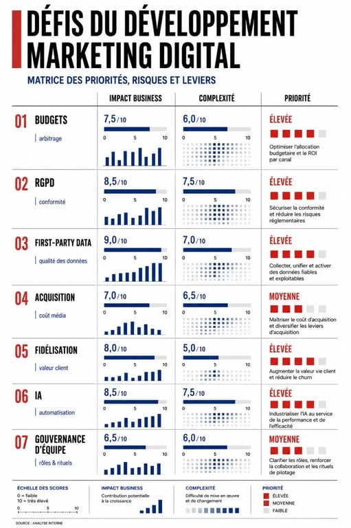 Défis développement marketing digital : matrice visuelle des priorités entre budgets, RGPD, first-party data, acquisition, fidélisation et IA
