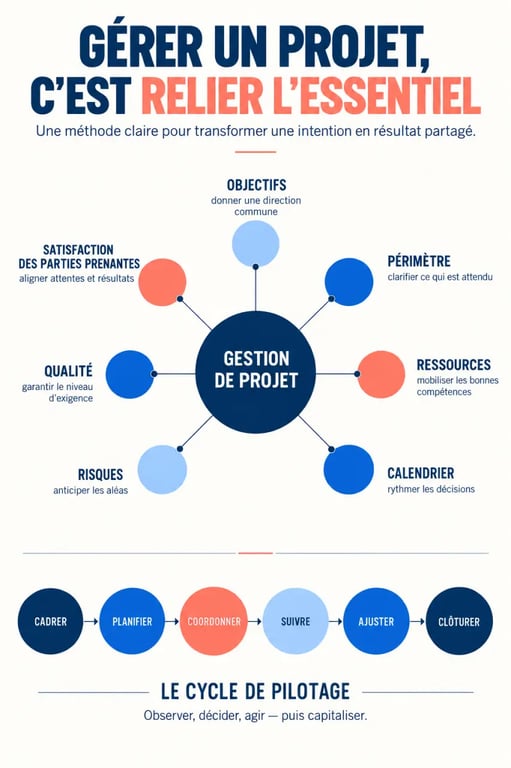 Infographie sur les avantages de la gestion de projet, de la planification au suivi des risques et de la qualité