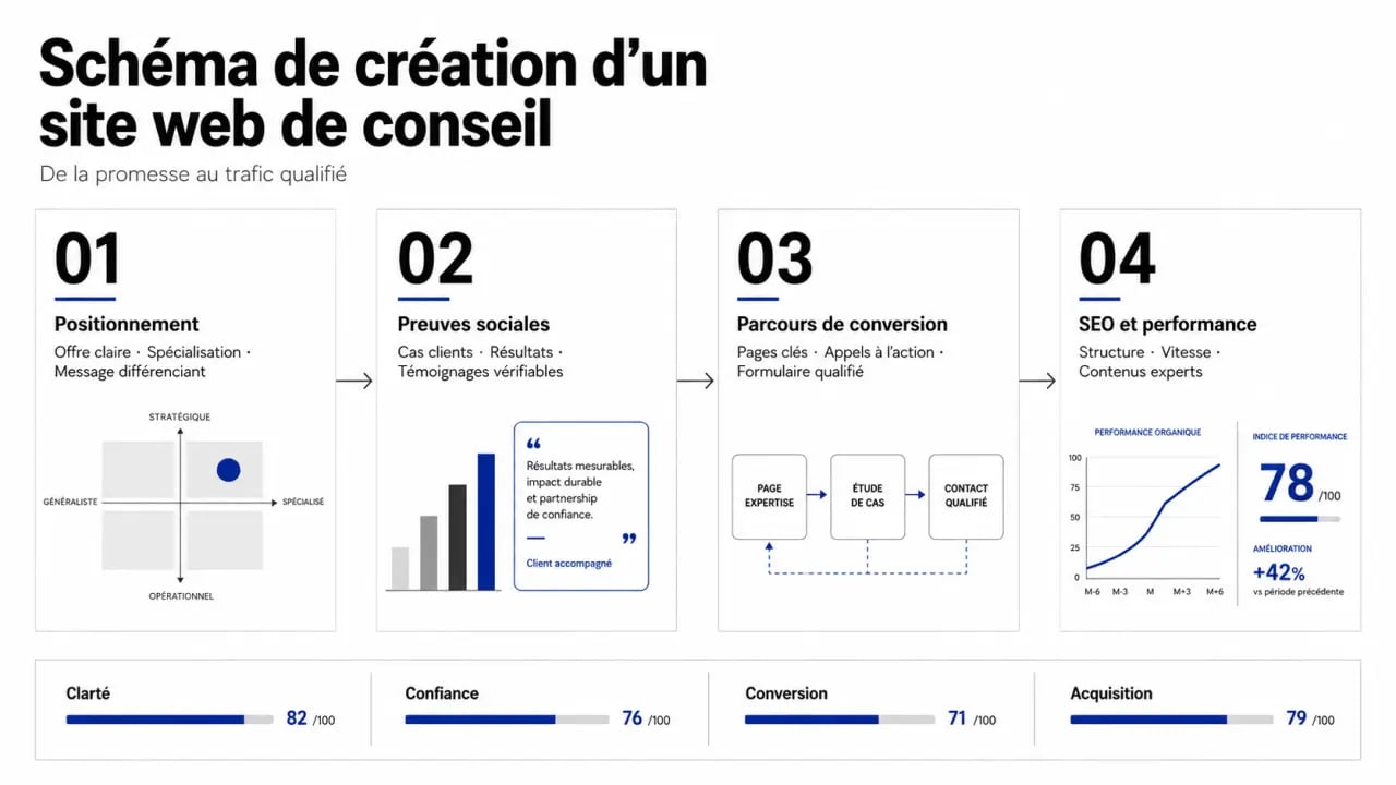 Création site web cabinet de conseil : schéma des étapes clés du positionnement à la conversion