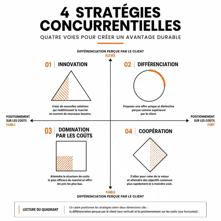 Infographie des quatre stratégies de développement d'entreprise face à la concurrence
