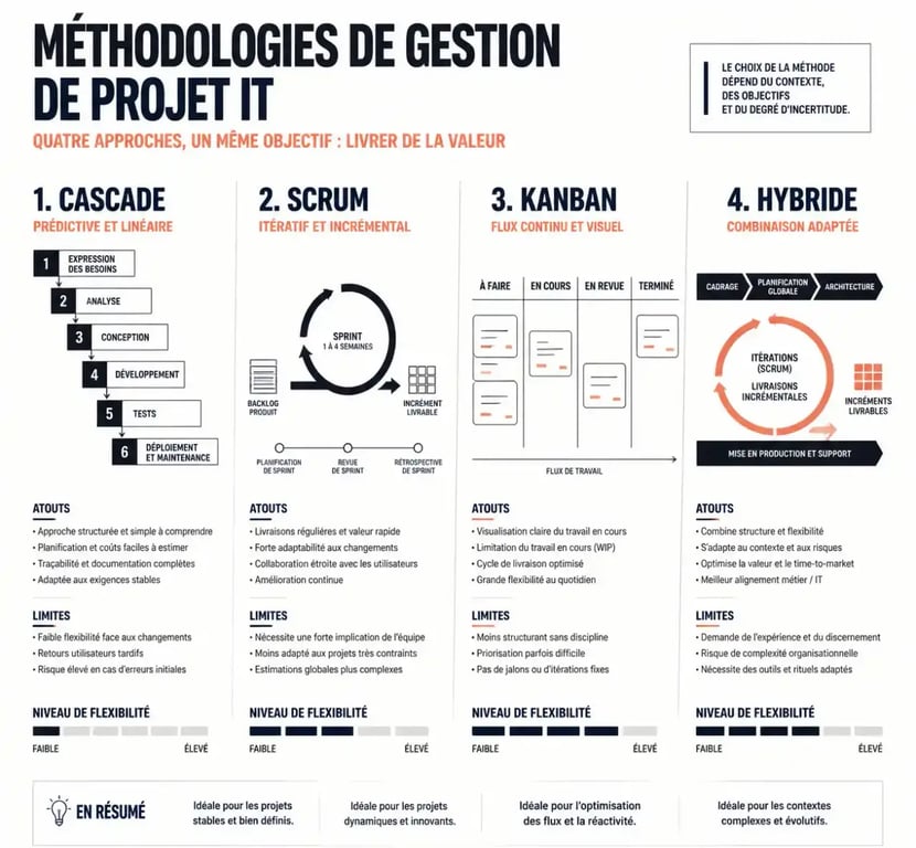 Comparatif visuel des méthodologies Agile, Scrum, Kanban et cascade en gestion de projet IT