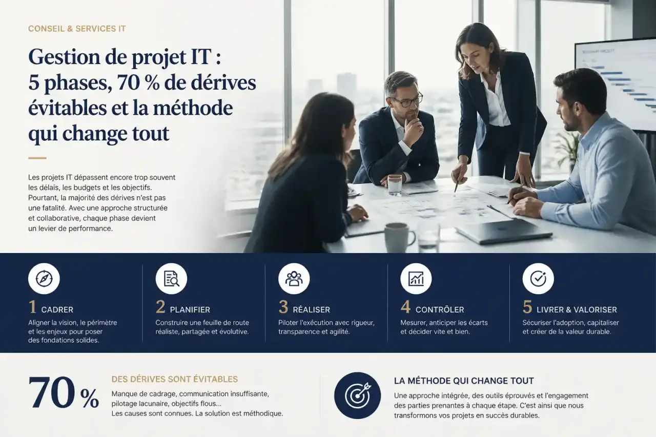 Gestion de projet IT : 5 phases, 70 % de dérives évitables et la méthode qui change tout