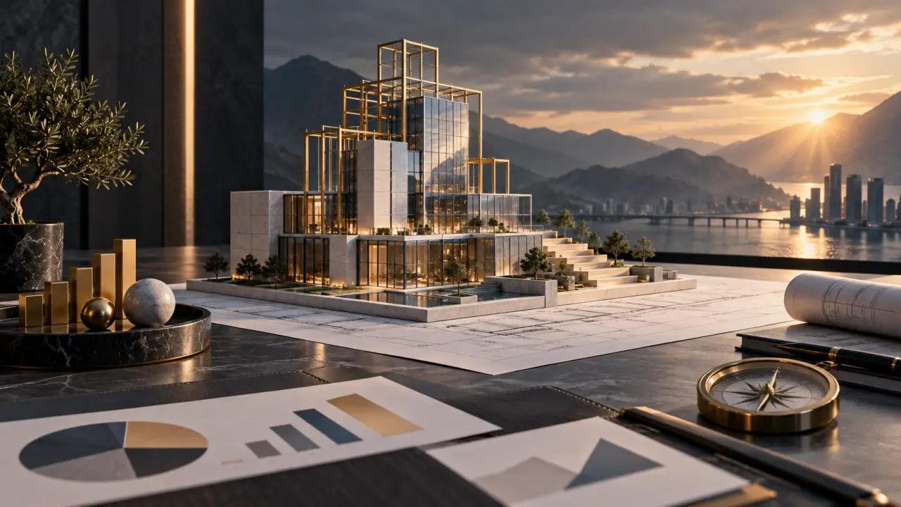 Tableau de pilotage financier et plans architecturaux dans un environnement sombre et élégant