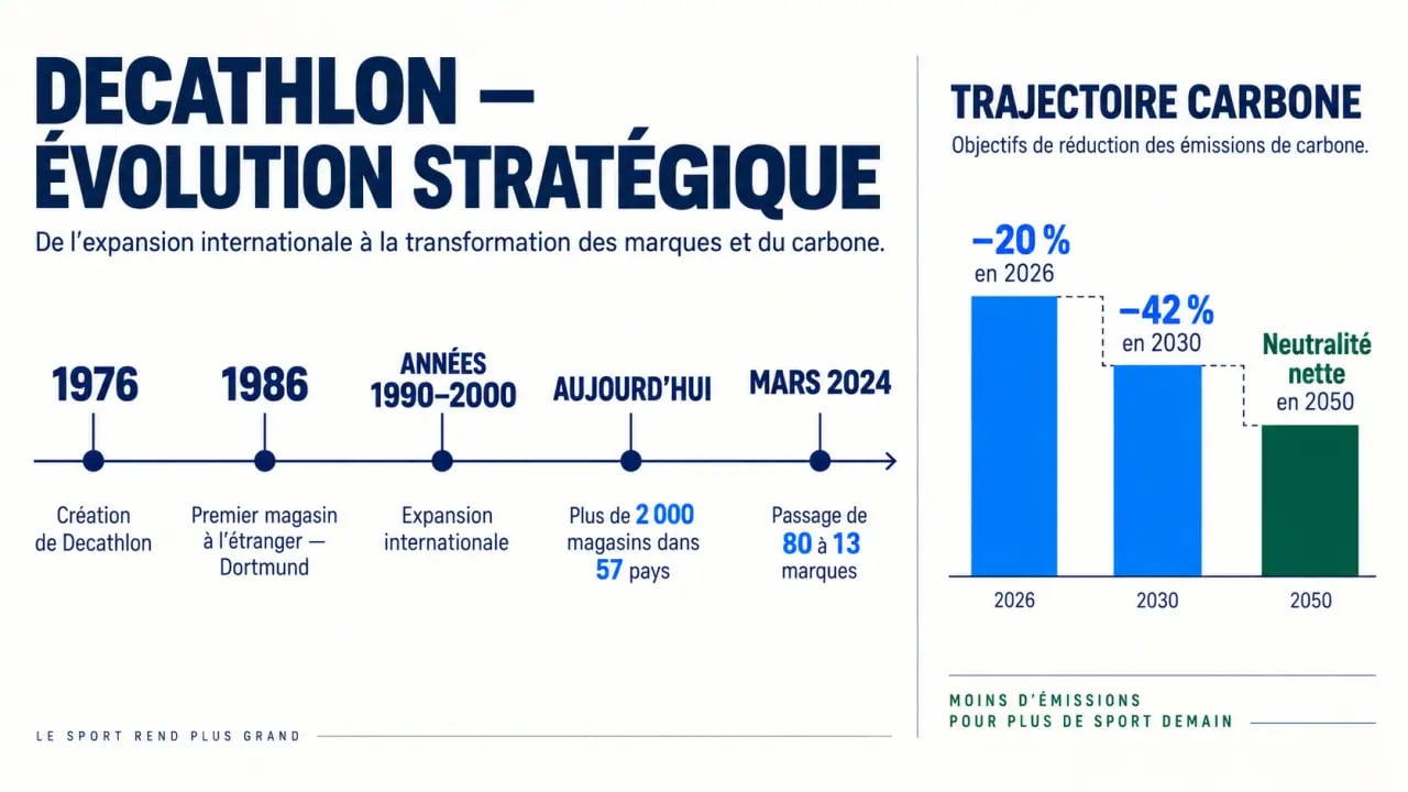 Conseil en stratégie : frise de l’évolution stratégique de Decathlon et de ses objectifs de durabilité