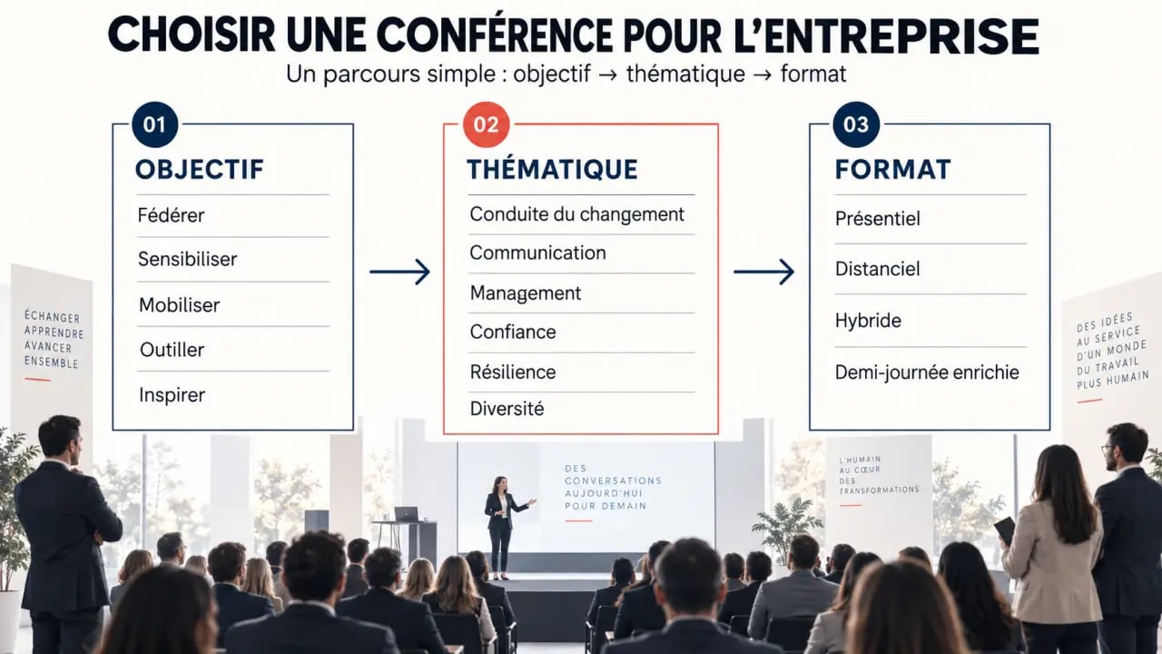 Infographie pour choisir une conférence pour entreprise selon l’objectif, la thématique et le format