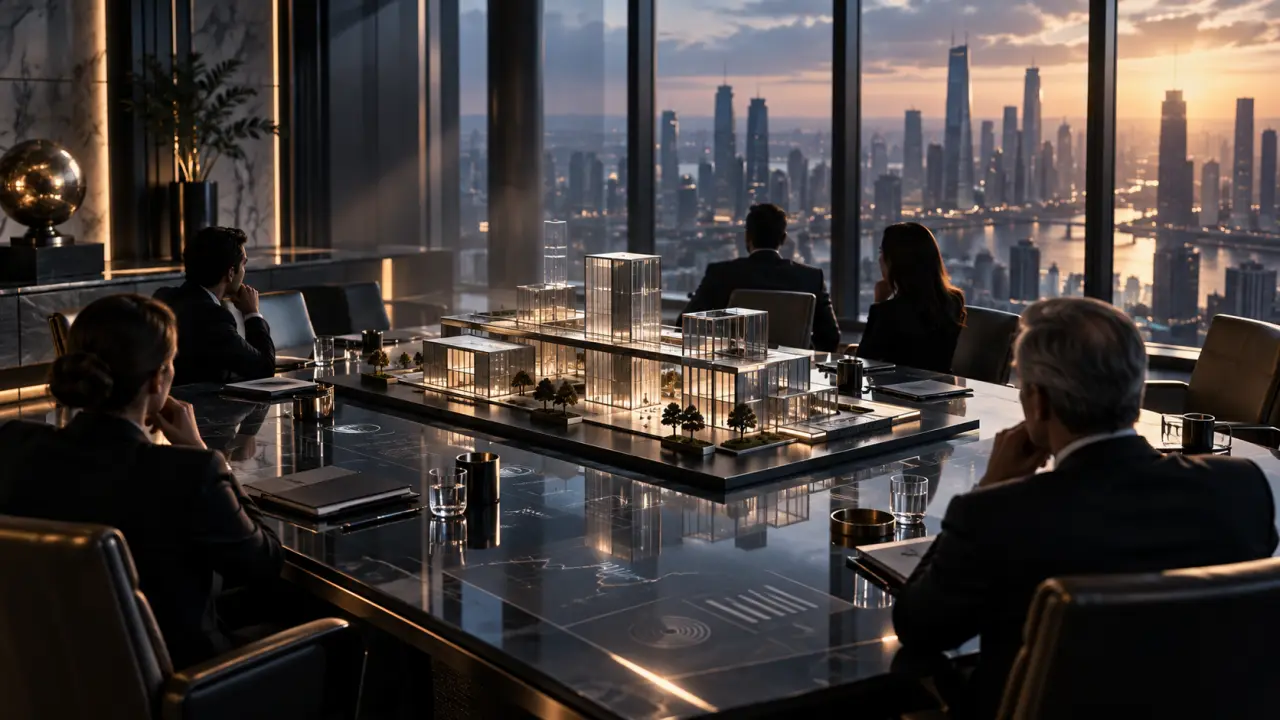Table de conseil et plans architecturaux symbolisant la gouvernance d’entreprise