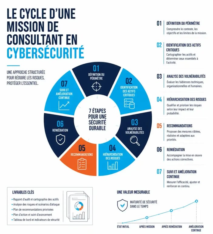 Infographie du cycle d'une mission de consultant cybersécurité, de l'audit au suivi des recommandations
