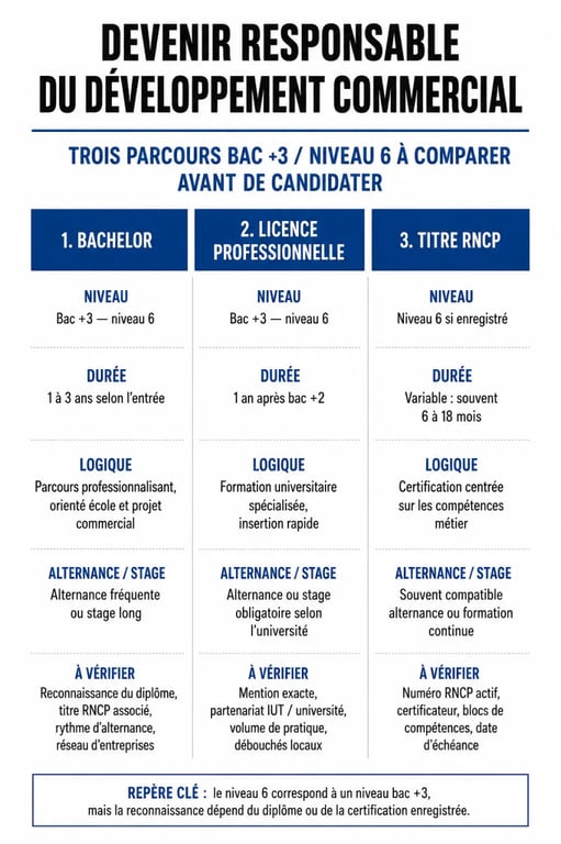 Formation responsable développement commercial : comparaison visuelle entre bachelor, licence professionnelle et titre RNCP