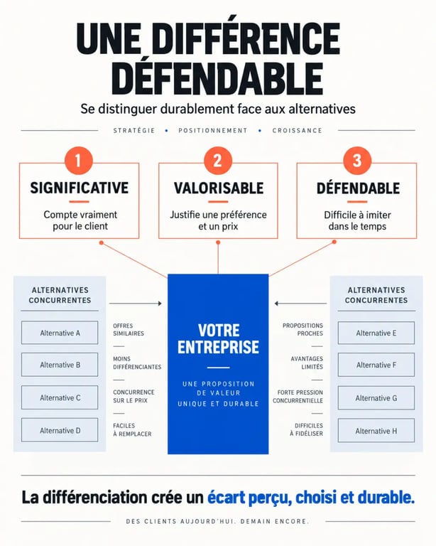 Infographie sur les trois critères d'une stratégie de différenciation défendable