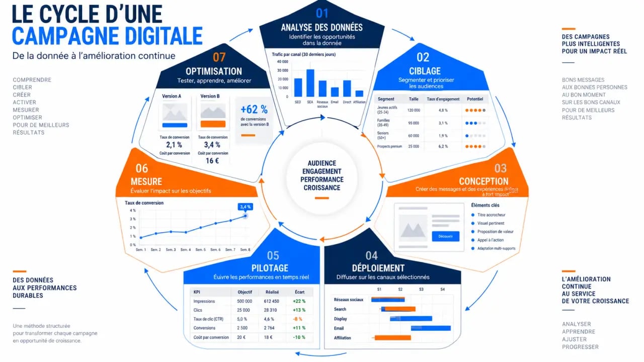 Expert digital marketing pilotant le cycle d’une campagne, de l’analyse à l’optimisation